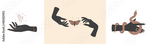 Magic hands with celestial mystical symbols. Spiritual boho elements with butterfly moth, snake and healing crystal. Black silhouette of woman arms isolated on white. Vector illustration