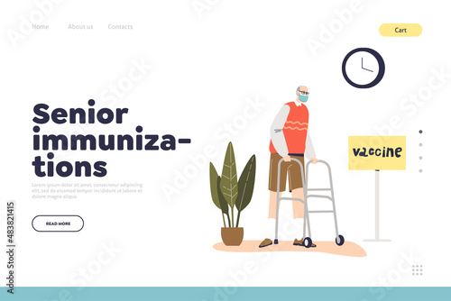 Senior immunizations concept of landing page with old man in hospital get vaccinated for coronavirus