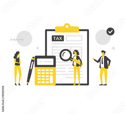 Tax form. Flat vector illustration. People and clipboard with tax report, pen and calculator. Modern concepts. Flat design