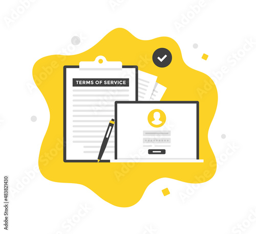 Terms of service. Flat vector illustration. Laptop with login form on screen and clipboard with ToS agreement. Modern concepts. Flat design