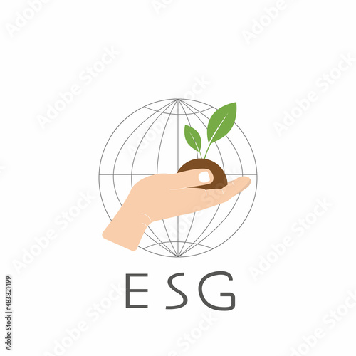  Man holds green sprout in his hand. ESG concept. Environment, social, governance vector icon