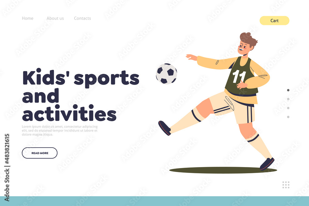 Kid sport activities concept of landing page with boy in sportswear playing football Kid sport activities concept of landing page with boy in sportswear playing football