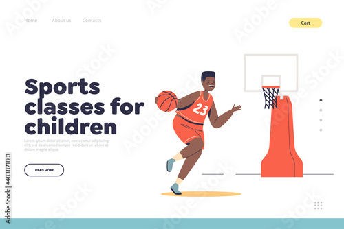 Sport classes for children concept of landing page with boy in uniform playing basketball