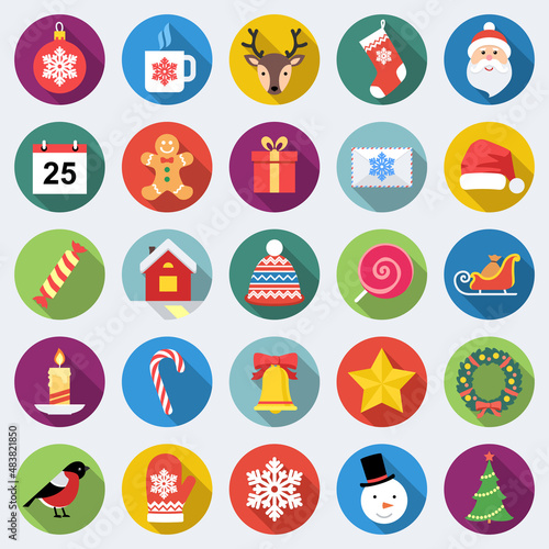 Set of long shadow Christmas icons in flat design with long shadows