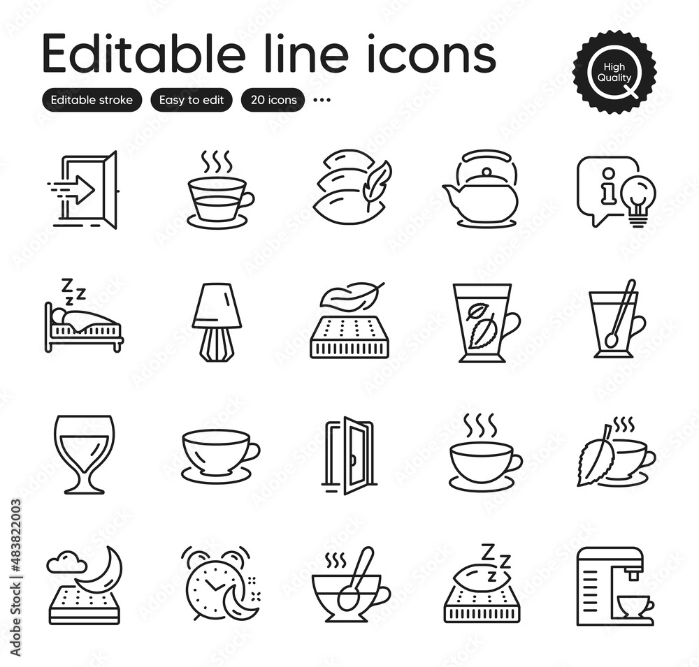 Set of Interiors outline icons. Contains icons as Night mattress, Tea mug and Espresso elements. Entrance, Mattress, Lamp web signs. Open door, Sleep, Tea cup elements. Teapot. Vector