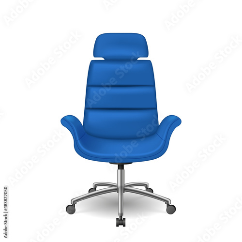 Comfortable office chair on wheel with blue leader or fabric back. Realistic stool for sitting work