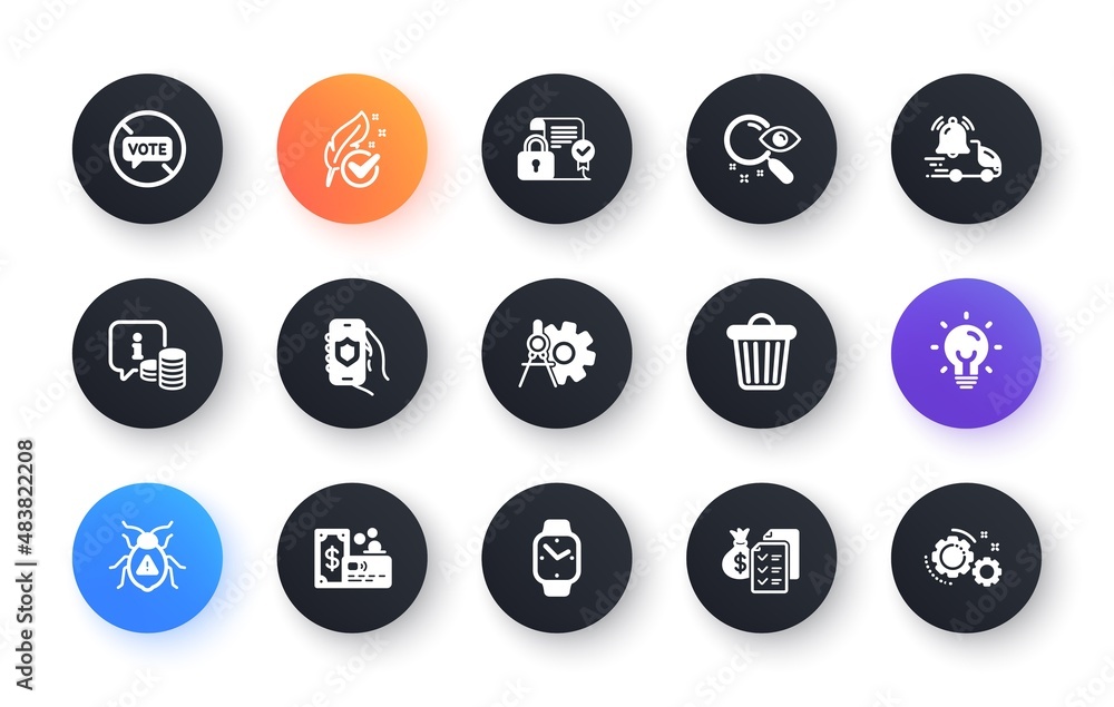 Minimal set of Security app, Card and Trash bin flat icons for web development. Energy, Search, Smartwatch icons. Accounting wealth, Delivery notification, Stop voting web elements. Vector Minimal set of Security app, Card and Trash bin flat icons for web development. Energy, Search, Smartwatch icons. Accounting wealth, Delivery notification, Stop voting web elements. Vector