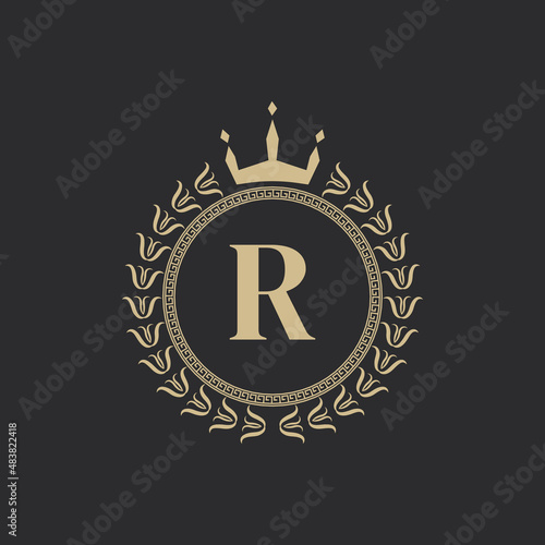 Initial Letter R Heraldic Royal Frame with Crown and Laurel Wreath. Simple Classic Emblem. Round Composition. Graphics Style. Art Elements for Logo Design Vector Illustration