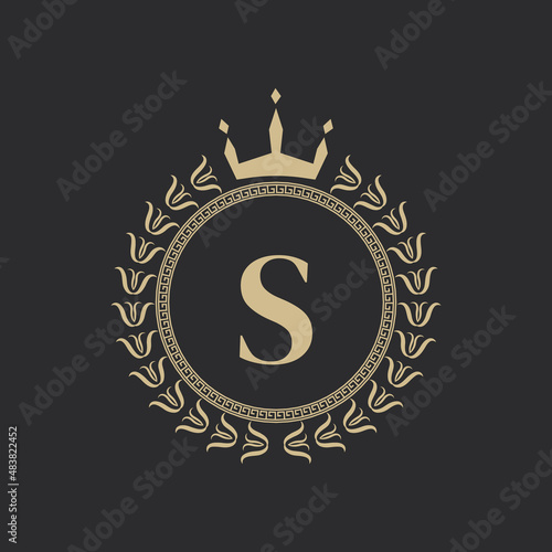Initial Letter S Heraldic Royal Frame with Crown and Laurel Wreath. Simple Classic Emblem. Round Composition. Graphics Style. Art Elements for Logo Design Vector Illustration