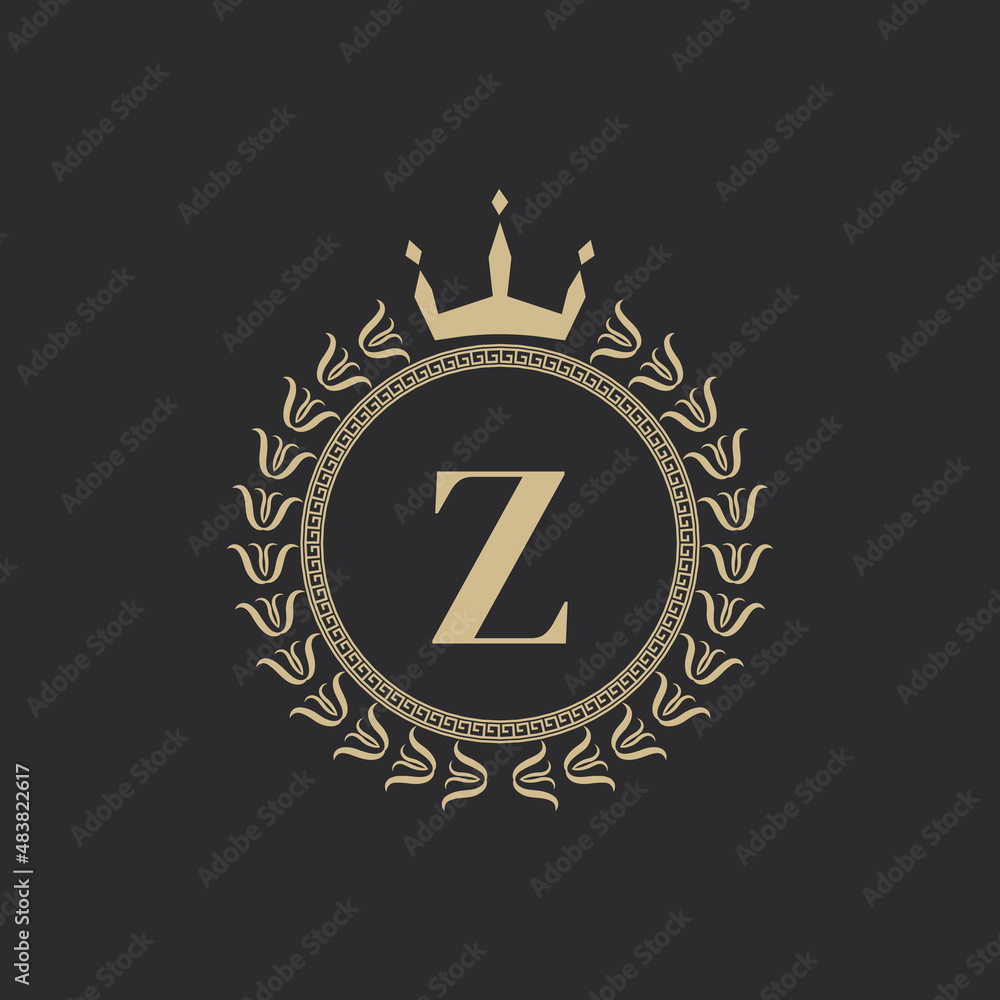 Fototapeta premium Initial Letter Z Heraldic Royal Frame with Crown and Laurel Wreath. Simple Classic Emblem. Round Composition. Graphics Style. Art Elements for Logo Design Vector Illustration