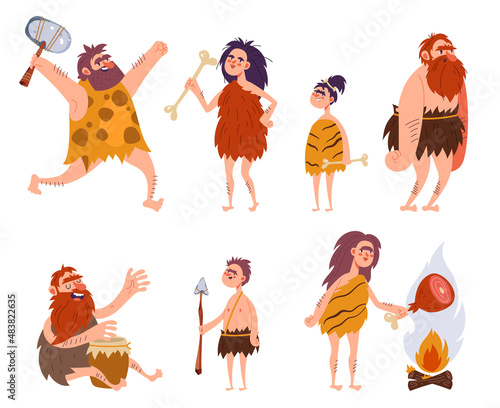Cavemen barbarian family tribe characters isolated set. Vector flat graphic design cartoon illustration
