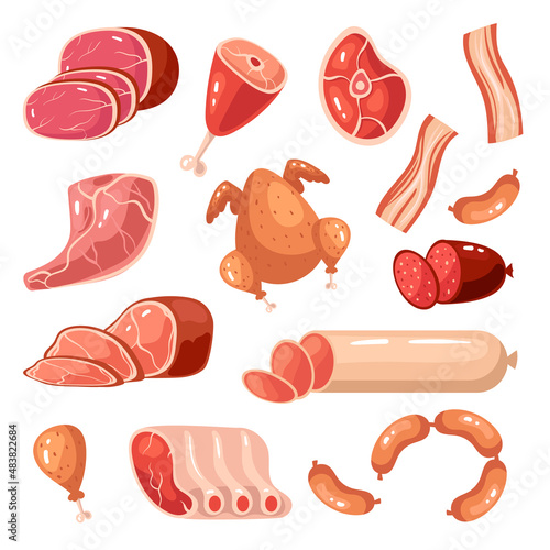 Raw meat piece chicken sausage steak isolated set. Vector flat graphic design cartoon illustration