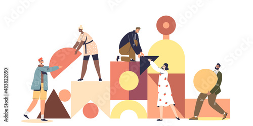 Team joining geometric shapes puzzle work together. Coworker and colleagues creative cooperating