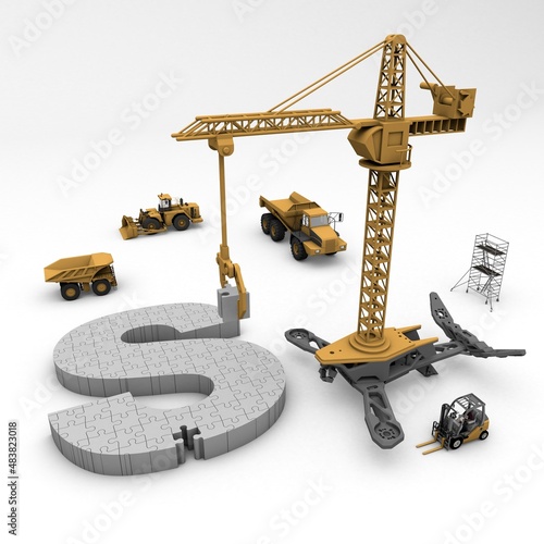 3D illustration of the letter S puzzle with construction machinery
