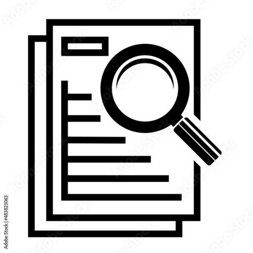 Audit, analytics, document analysis. Report on the results of the documentation check. A sheet of paper is examined with a magnifying glass. Solid black vector icon isolated on white background