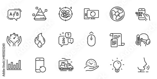 Outline set of Pyramid chart, Air fan and Light bulb line icons for web application. Talk, information, delivery truck outline icon. Include Sick man, Documents, Recovery phone icons. Vector