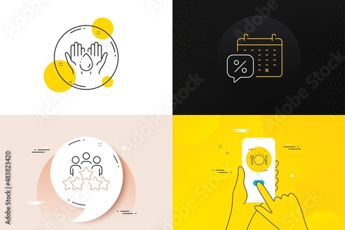 Minimal set of Romantic dinner, Wash hands and Discounts calendar line icons. Phone screen, Quote banners. Business meeting icons. For web development. Love food, Skin care, Sale month. Vector
