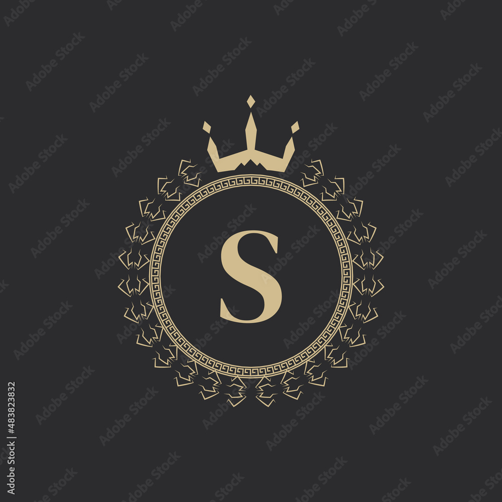 Naklejka premium Initial Letter S Heraldic Royal Frame with Crown and Laurel Wreath. Simple Classic Emblem. Round Composition. Graphics Style. Art Elements for Logo Design Vector Illustration