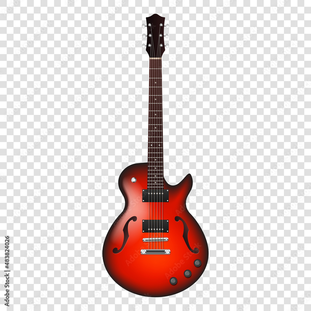 Stylish acoustic guitar red with mexican ornament. Realistic string instrument template for design