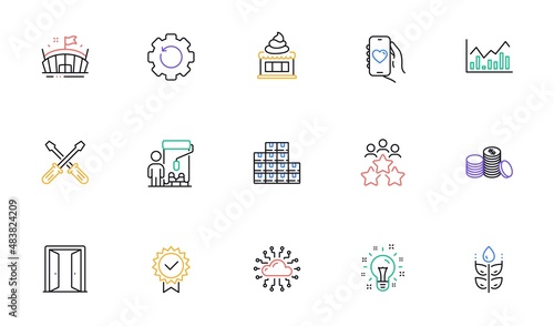 Arena, Wholesale inventory and Infochart line icons for website, printing. Collection of Certificate, Gluten free, Open door icons. Ice cream, Dating app, Screwdriverl web elements. Vector photo