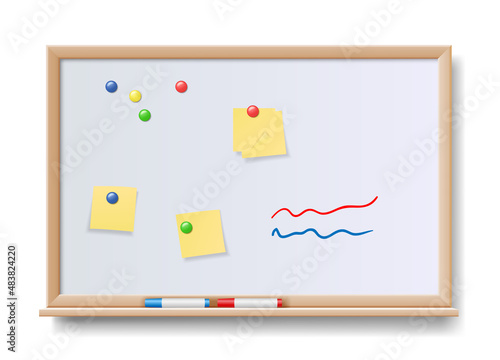Realistic magnetic whiteboard. Realistic office white marker board with pens and sponge