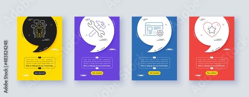 Set of Voting campaign, Favorite and Repair line icons. Poster offer frame with quote, comma. Include Ranking star icons. For web, application. People rally, Star feedback, Fix service. Vector