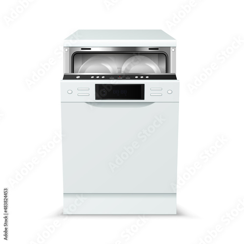 3d realistic dishwasher machine with filled with clean plates, glasses, cups, cutlery