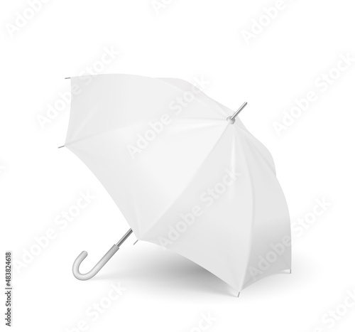 Template umbrella, side angle view. Open white parasol with shadow isolated on white background