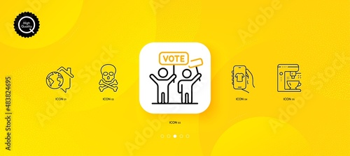 Voting campaign, Work home and Coffee maker minimal line icons. Yellow abstract background. Shop app, Chemical hazard icons. For web, application, printing. Vector