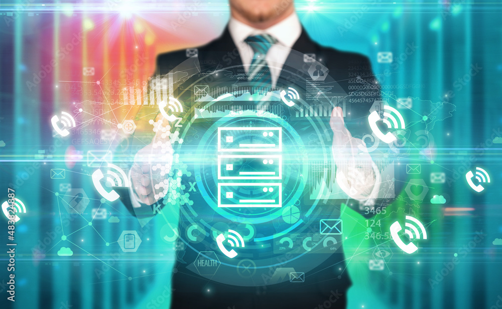 Businessman holding technology icon Businessman holding technology icon