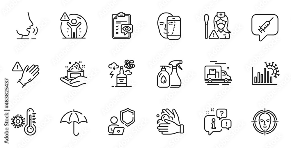 Outline set of Nurse, Vaccine message and Use gloves line icons for web application. Talk, information, delivery truck outline icon. Include Umbrella, Alcohol addiction, Wash hands icons. Vector