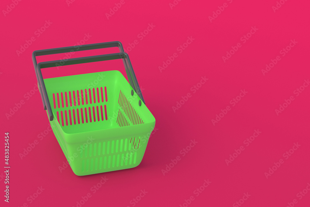 Fototapeta premium Purchase, sale of goods. Retail. Big discounts. Profitable proposition. Announcement of the appearance of a new goods. Empty shopping basket on red background. Copy space. 3d render
