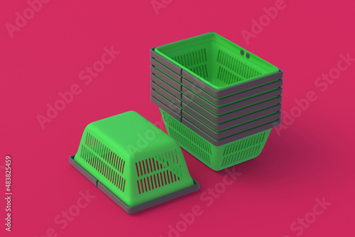 Profitable proposition. Retail. Purchase, sale of goods. Big discounts. Announcement of the appearance of a new goods. Empty shopping baskets on red background. 3d render