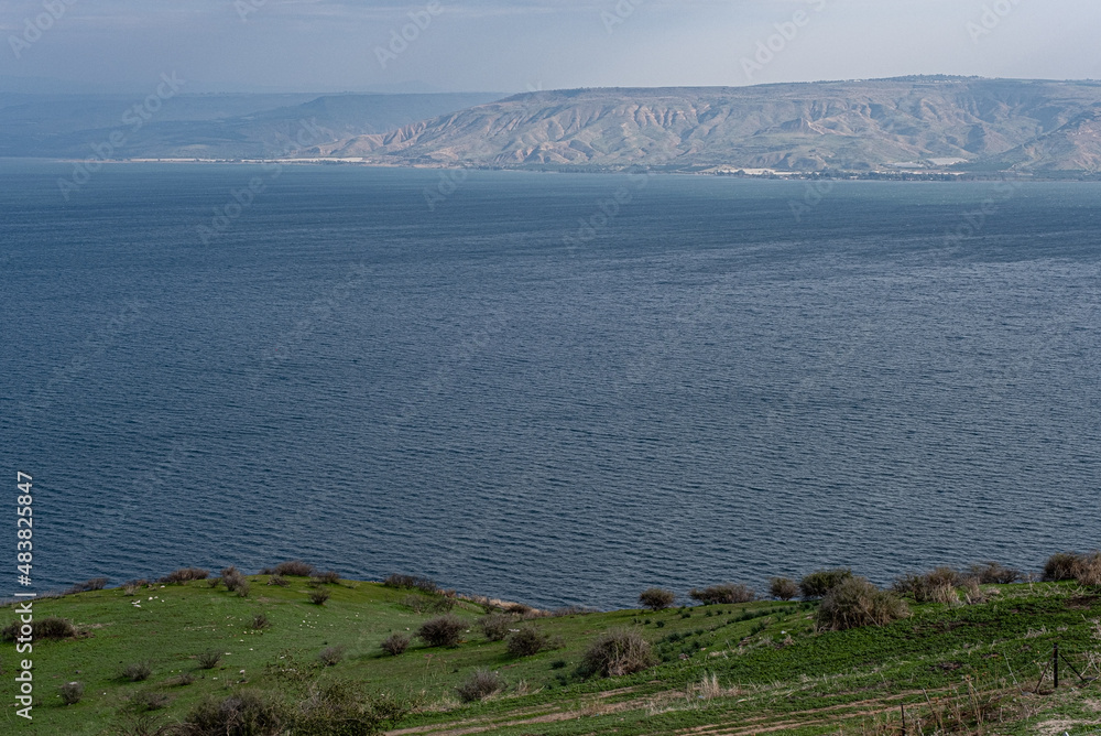 View of the Sea of Galilee, its eastern coast, and the Golan Heights as seen from Poriya Youth Hostel, located high above the lake, Eastern Galilee, Israel. 