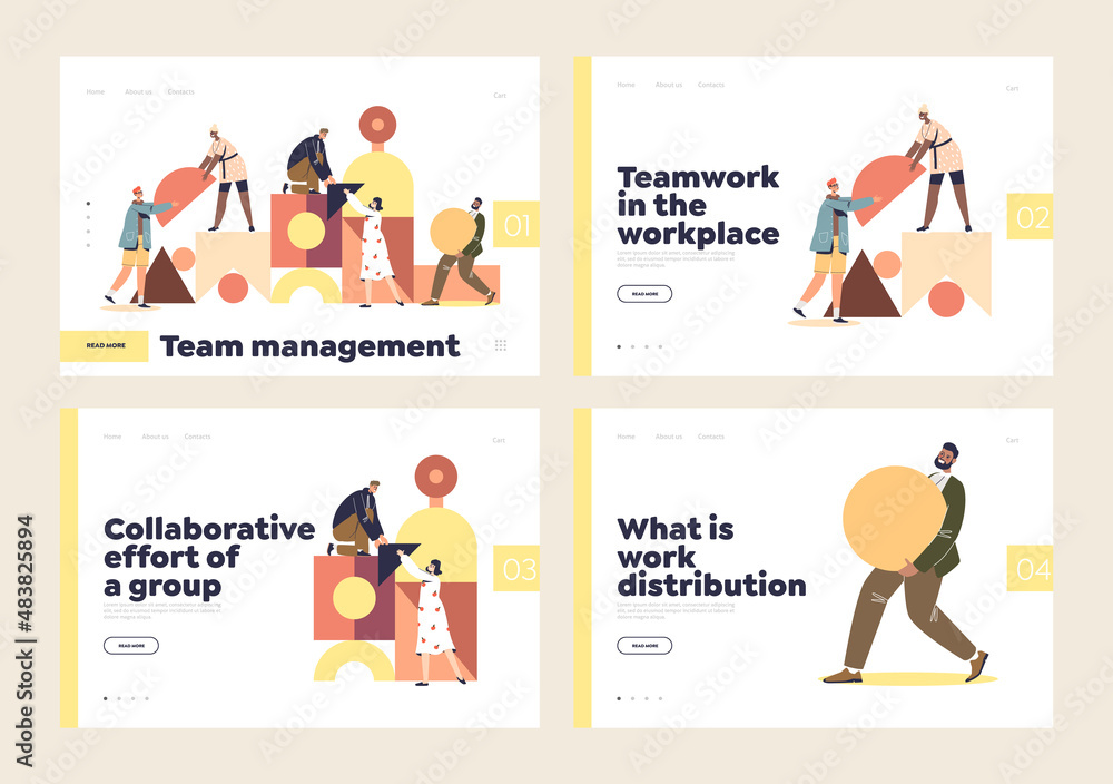 Teamwork and collaboration at workplace concept of landing pages set with people work in team - obrazy, fototapety, plakaty 