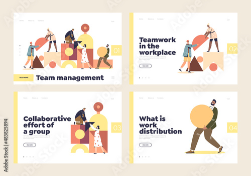 Teamwork and collaboration at workplace concept of landing pages set with people work in team
