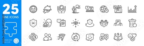 Outline icons set. Refresh like, Puzzle and Clipboard icons. Face cream, Face detect, Employee hand web elements. Time zone, 24 hours, Restaurant food signs. Time management. Vector