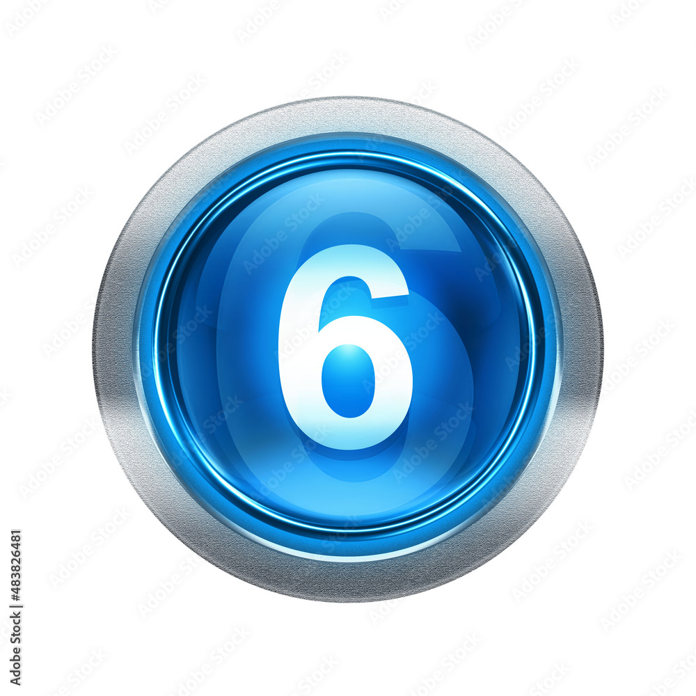 Number six icon blue with metallic edging. Isolated on white background. Number six icon blue with metallic edging. Isolated on white background.