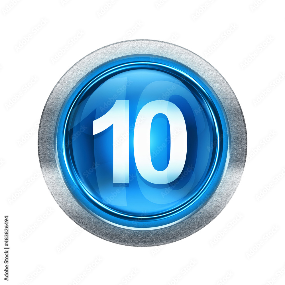 Number ten icon blue with metallic edging. Isolated on white background. Number ten icon blue with metallic edging. Isolated on white background.