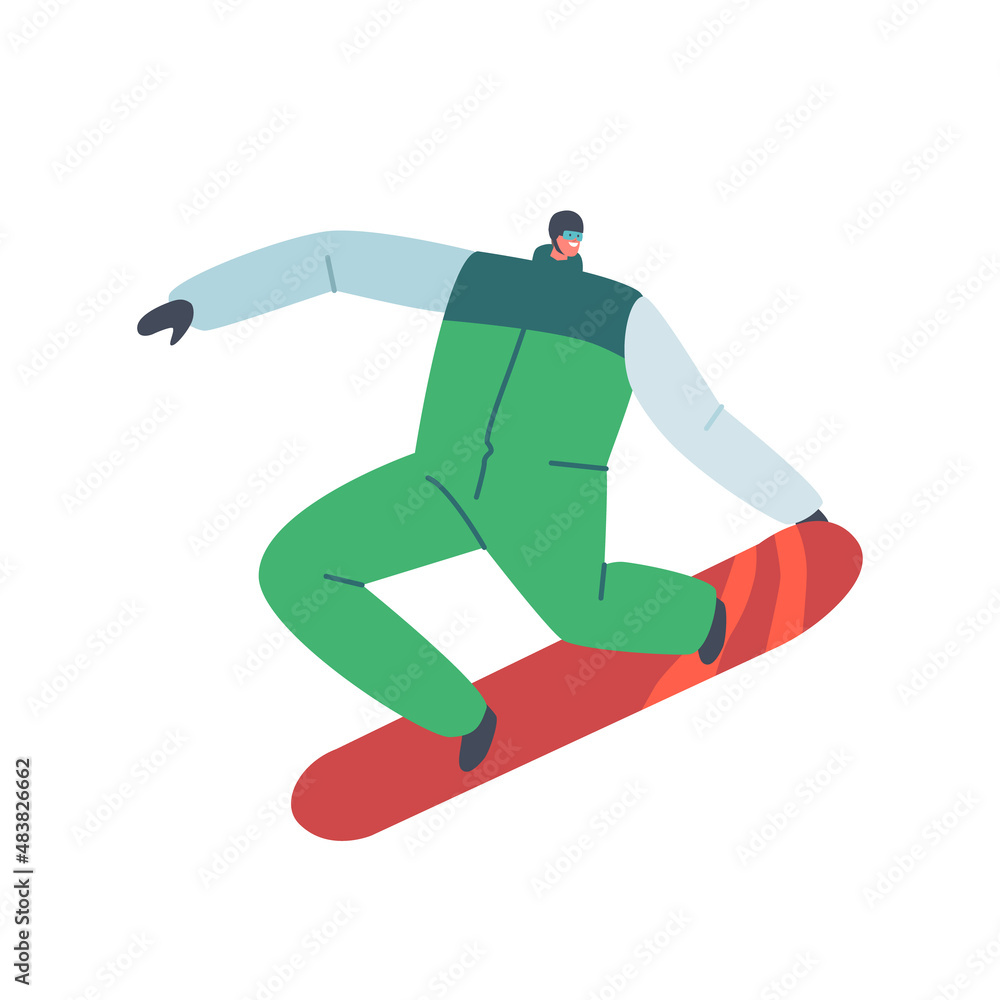Fototapeta premium Happy Snowboarder Riding Snowboard Isolated on White Background. Winter Holidays Sport, Travel Activity Entertainment
