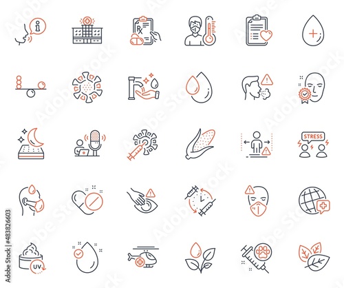 Healthcare icons set. Included icon as Hospital building, Medical pills and Face verified web elements. Social distance, Vaccination schedule, Cough icons. Organic tested. Vector
