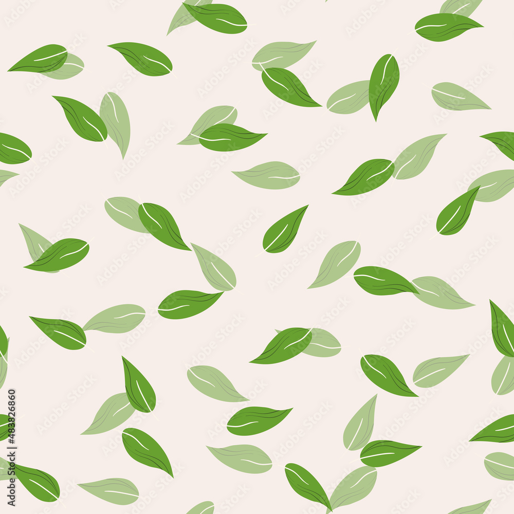 Floral seamless with hand drawn color leaves. Cute autumn background. Tropic green branches. Modern floral compositions. Fashion vector stock illustration for wallpaper, posters, fabric, textile