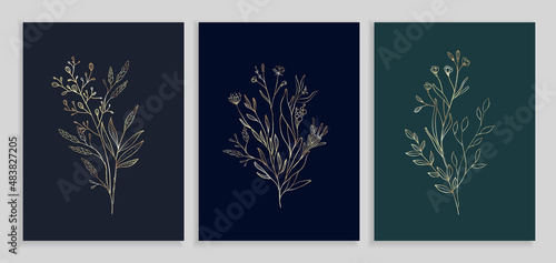 Floral branch and minimalist flowers for logo or tattoo. Hand drawn line wedding herb, elegant leaves for invitation save the date card. Botanical rustic trendy greenery