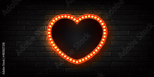 Vector realistic isolated retro marquee billboard sign with heart shape on the wall background. Concept of love and Valentine's Day.