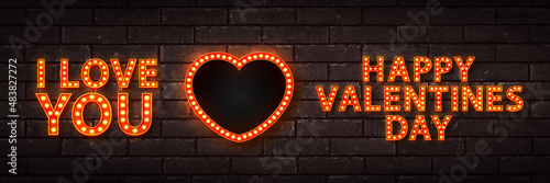 Vector set of realistic isolated retro marquee of I Love You, Happy Valentine's Day and heart shape billboard on the wall background.