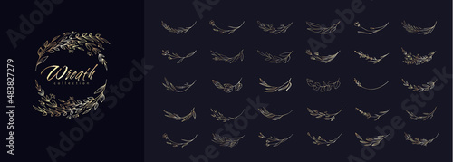 Floral branch and minimalist flowers for logo or tattoo. Hand drawn line wedding herb, elegant leaves for invitation save the date card. Botanical rustic trendy greenery