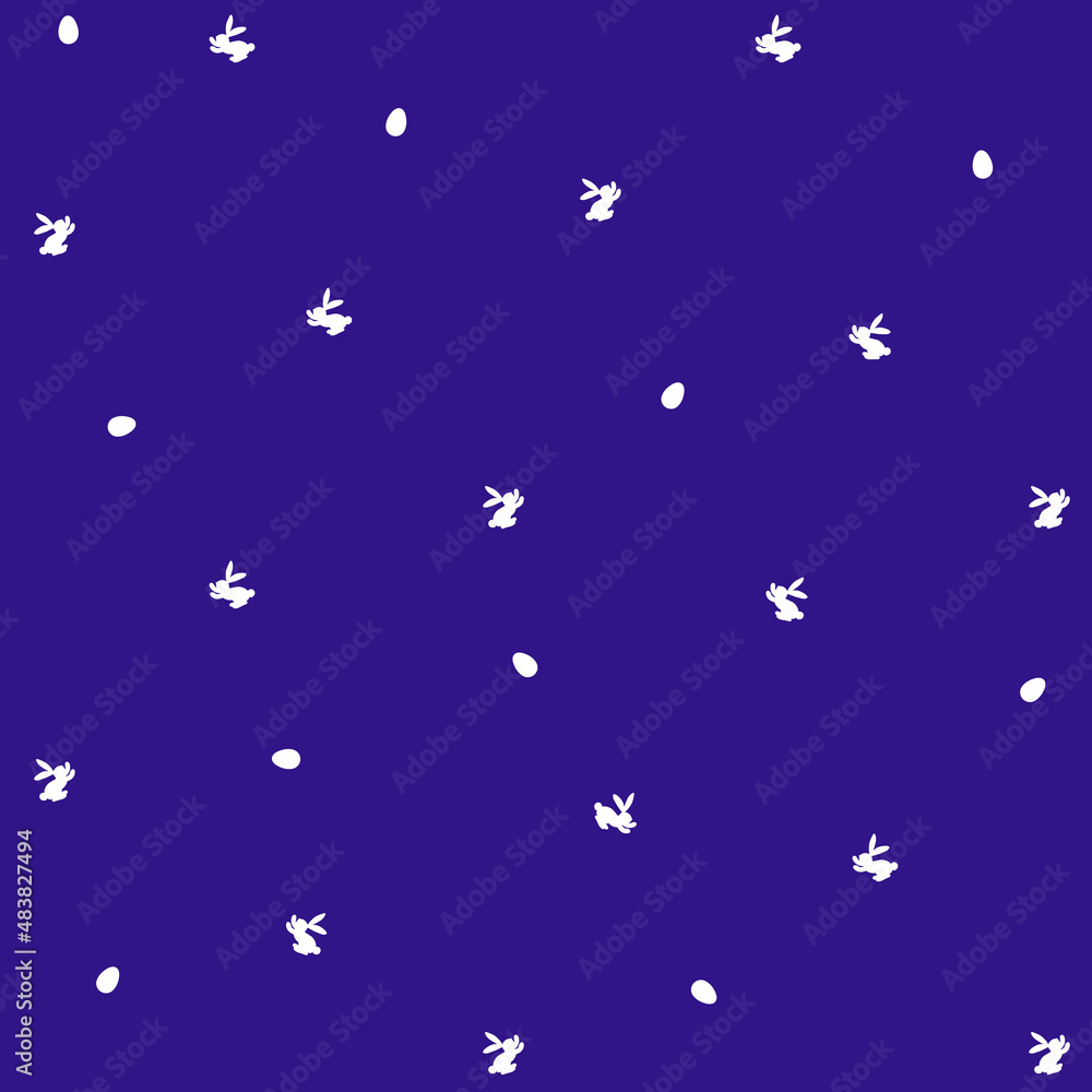 Seamless pattern with white silhouette Easter rabbits on blue background. Design for card, postcard, wallpaper, fabric, textile. Vector stock illustration. Cartoon style