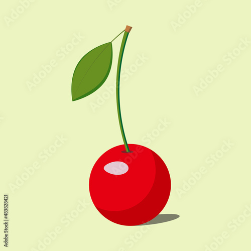 One cherry with a leaf on a light background
