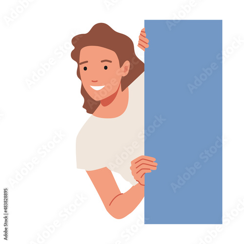 Smiling Woman Peeping, Watching and Spying. Happy Curious Female Character Looking From Behind Blue Rectangular Shape