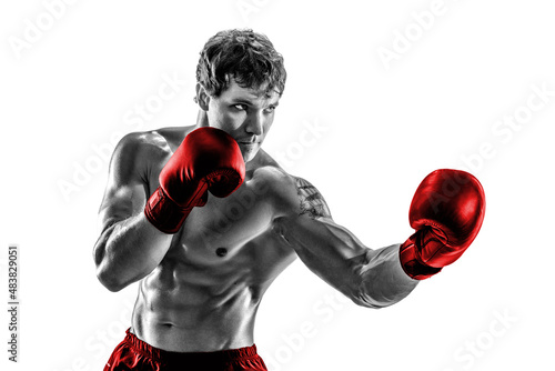 Portrait of boxer who practicing uppercut in red gloves on white background. Black and white torso